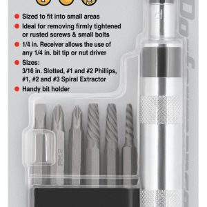 Performance Tool Screwdriver, Impact Driver, With 3/16 Inch Slotted/ #1/ #2 Phillips/ #1/ #2/ #3 Spiral Extractor – W2503
