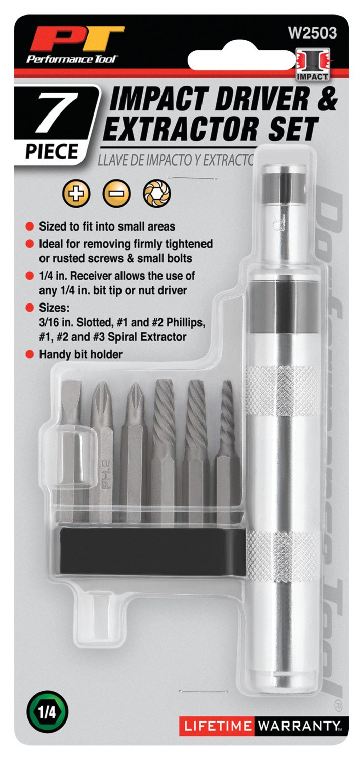 Performance Tool Screwdriver, Impact Driver, With 3/16 Inch Slotted/ #1/ #2 Phillips/ #1/ #2/ #3 Spiral Extractor – W2503