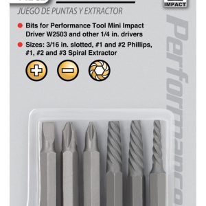 Performance Tool Screw Bit, Use with Performance Tool W2503 Impact Driver, Slotted/ Phillips/ Spiral Extractor, 50 Millimeter Length – W2503-50MM