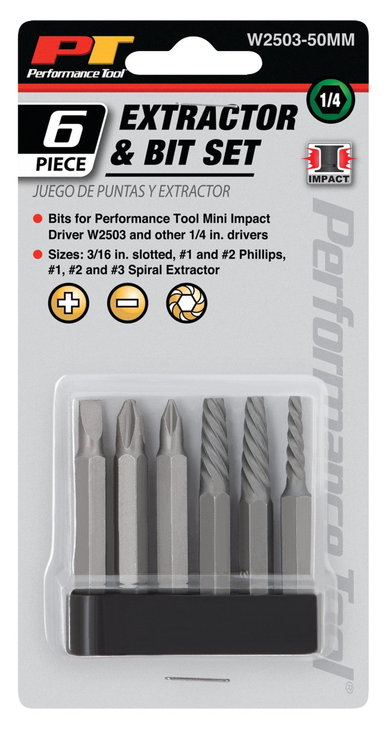 Performance Tool Screw Bit, Use with Performance Tool W2503 Impact Driver, Slotted/ Phillips/ Spiral Extractor, 50 Millimeter Length – W2503-50MM