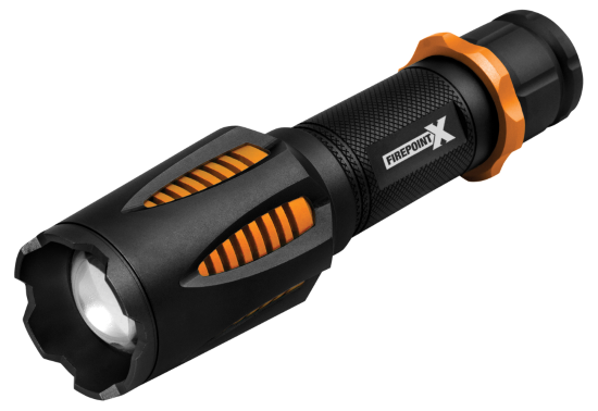 Performance Tool Flashlight, Firepoint X, LED, Clear Lens, 265 Meter Duofocus Beam, Black/ Orange Casing, Aluminum Housing, With 6AA Batteries – W2653