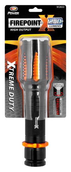 Performance Tool Flashlight, Firepoint X, LED, Clear Lens, 265 Meter Duofocus Beam, Black/ Orange Casing, Aluminum Housing, With 6AA Batteries – W2653