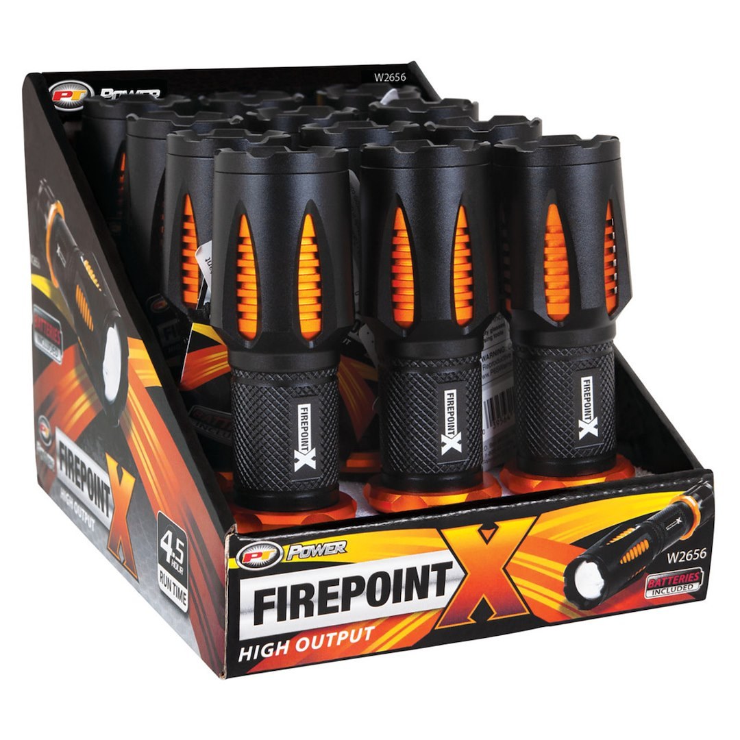 Performance Tool Flashlight, Firepoint X, LED, Clear Lens, 128 Meter Beam, Black/ Orange Casing, Aluminum Housing, With 3 Aaa Batteries – W2656
