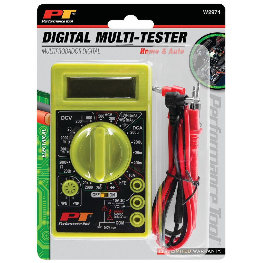 Performance Tool Electrical Multi-Tester, AC/ DC Volt Measurement/ DC Current Measurement/ Diode Test/ Ohm Test, Digital Display – W2974