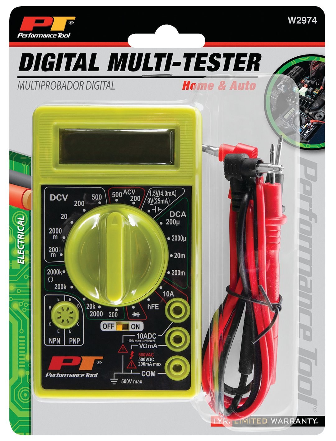 Performance Tool Electrical Multi-Tester, AC/ DC Volt Measurement/ DC Current Measurement/ Diode Test/ Ohm Test, Digital Display – W2974