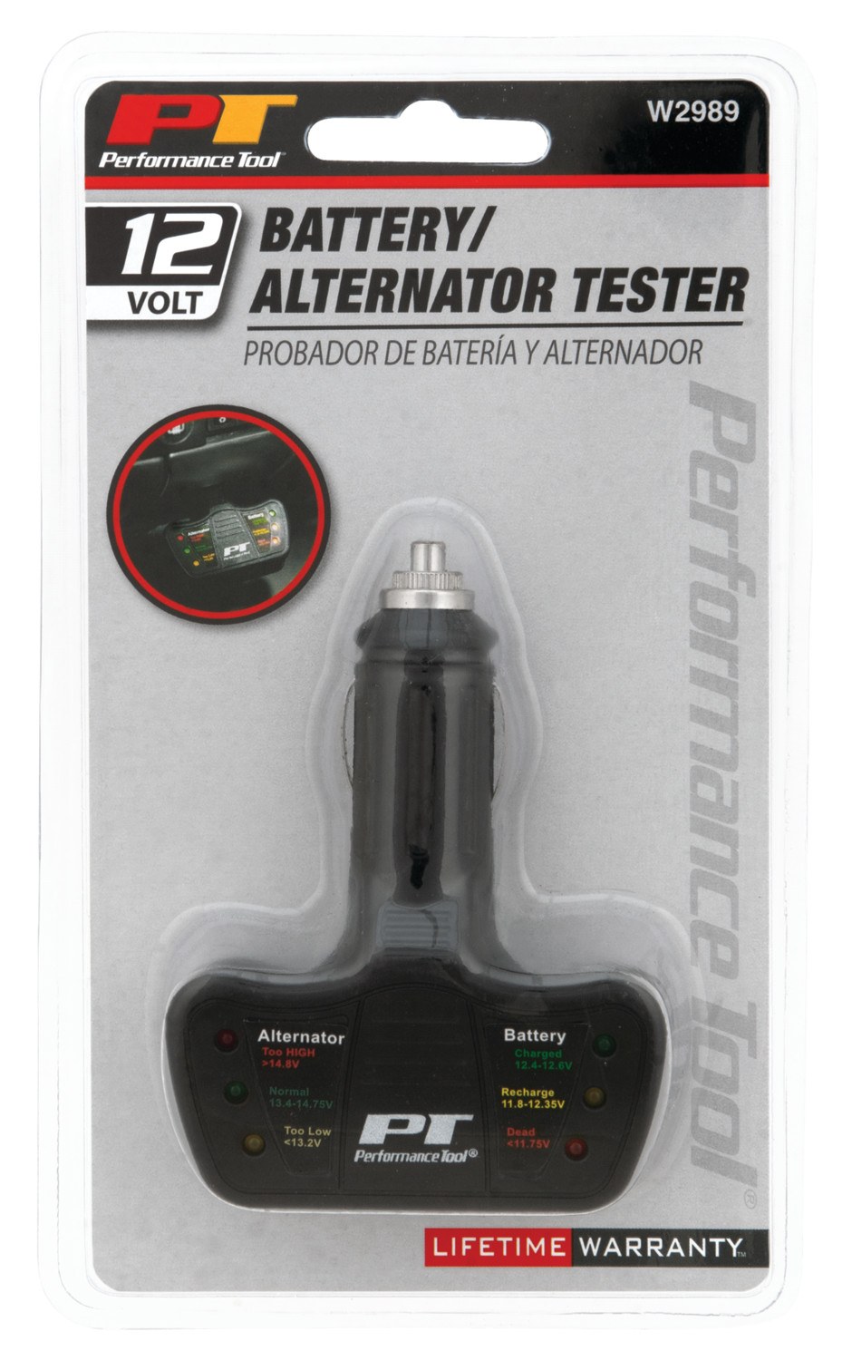 Performance Tool Battery Monitor, Use to Monitor Battery Condition and Check Alternator Voltage Status, With LED Indicators – W2989