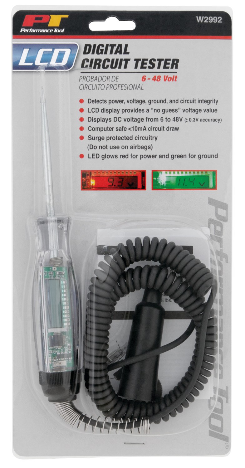 Performance Tool Circuit Tester, Lcd Digital Display with LED Back Light, 6 to 48 DC Volt Range, With 12 Foot Coiled Cord/ Solid Copper Clip – W2992