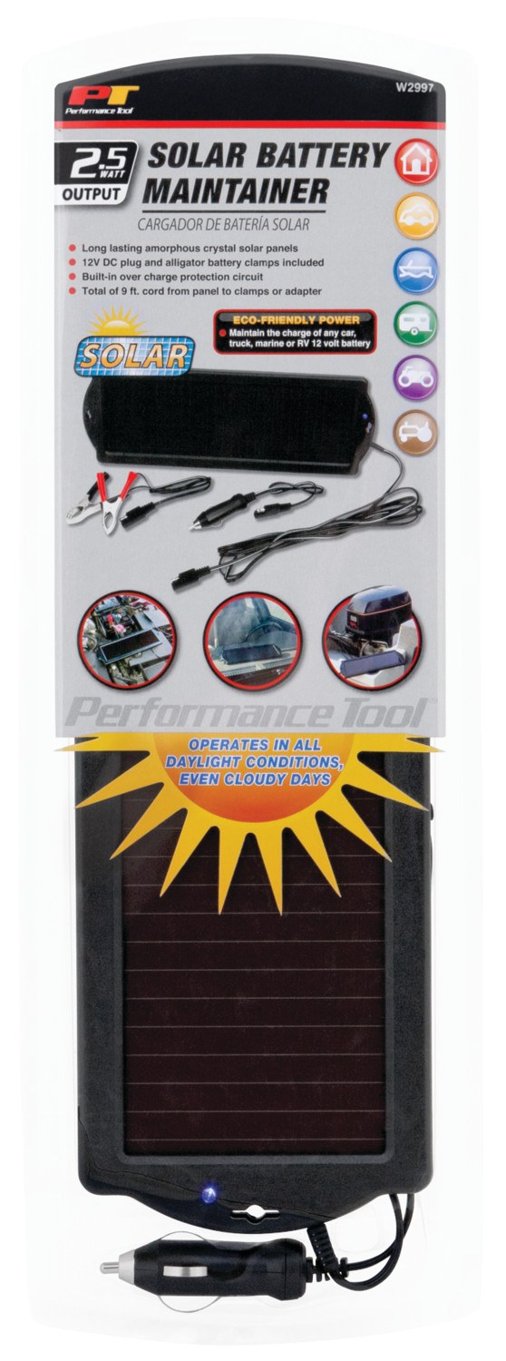 Performance Tool Battery Charger, For 12 Volt Batteries, 2.5 Watt Solar Panel, 19.3 Inch Height X 5.8 Inch Width X 0.8 Inch Depth – W2997