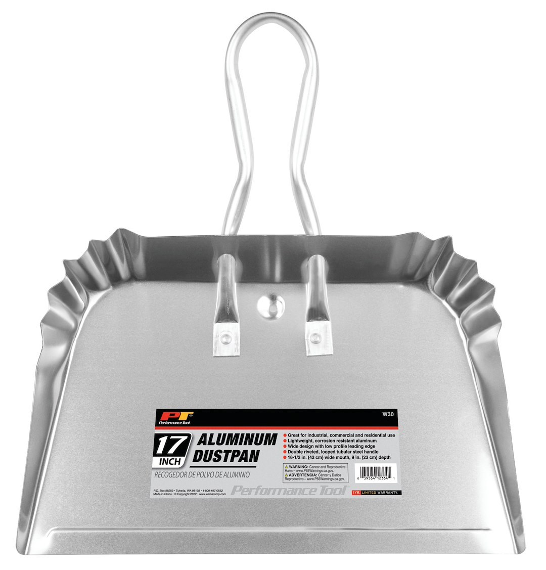 Performance Tool Dustpan, 16-1/2 Inch Width X 9 Inch Depth X 2 Inch Height, Silver, Aluminum, Without Whiskbroom – W30