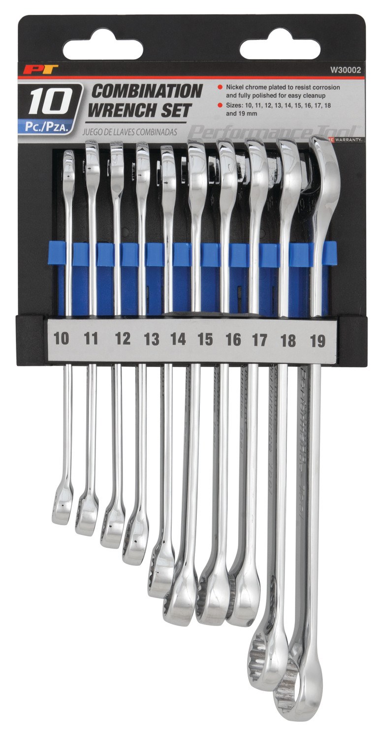 Performance Tool Wrench, Combination, 10/ 11/ 12/ 13/ 14/ 15/ 16/ 17/ 18 and 19 Millimeter, Nickel Chrome Plated, Chrome Alloy Steel – W30002