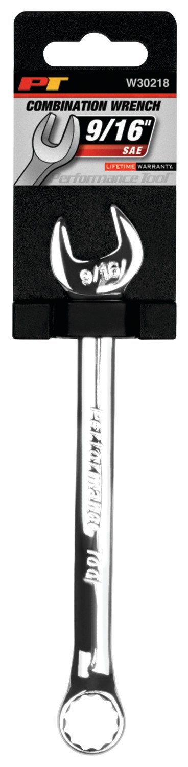 Performance Tool Wrench, Combination, 9/16 Inch, Chrome Plated, Chrome Alloy Steel, Single – W30218