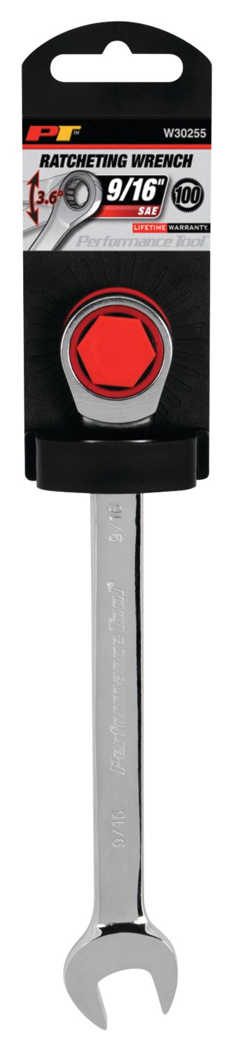 Performance Tool Wrench, Ratcheting Combination, 9/16 Inch, 5 Degree Closed Head Angle, 72 Ratchet Teeth, Chrome Plated – W30255