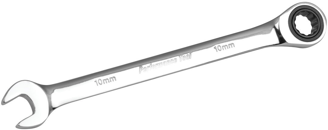 Performance Tool Wrench, Ratcheting Combination, 10 Millimeter, 5 Degree Closed Head Angle, 72 Ratchet Teeth, Chrome Plated – W30350
