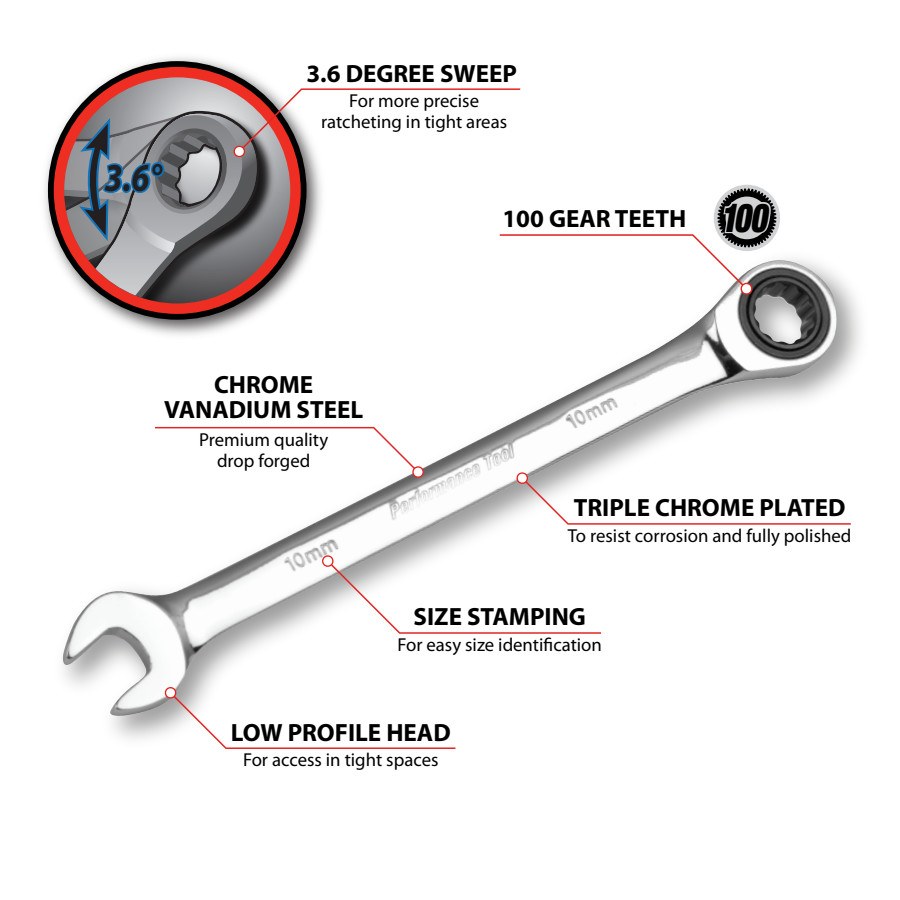 Performance Tool Wrench, Ratcheting Combination, 10 Millimeter, 5 Degree Closed Head Angle, 72 Ratchet Teeth, Chrome Plated – W30350