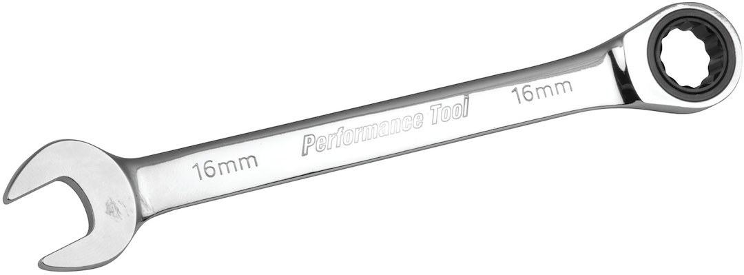 Performance Tool Wrench, Ratcheting Combination, 16 Millimeter, 5 Degree Closed Head Angle, 72 Ratchet Teeth, Chrome Plated – W30356