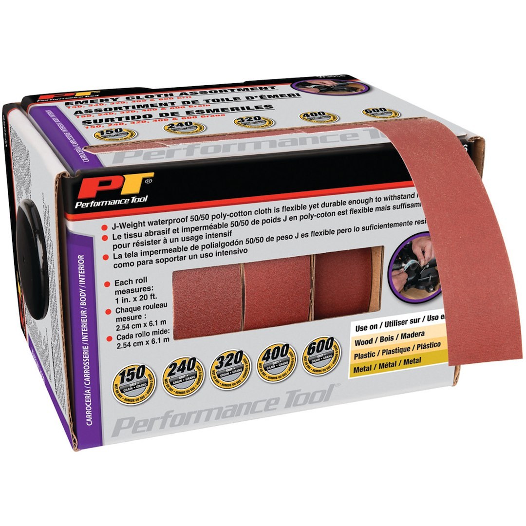 Performance Tool Emery Cloth, Use to Remove Stock with Less Clogging on Wood/ Plastic/ Leather/ Metal, J Weight Cloth Backing – W3056