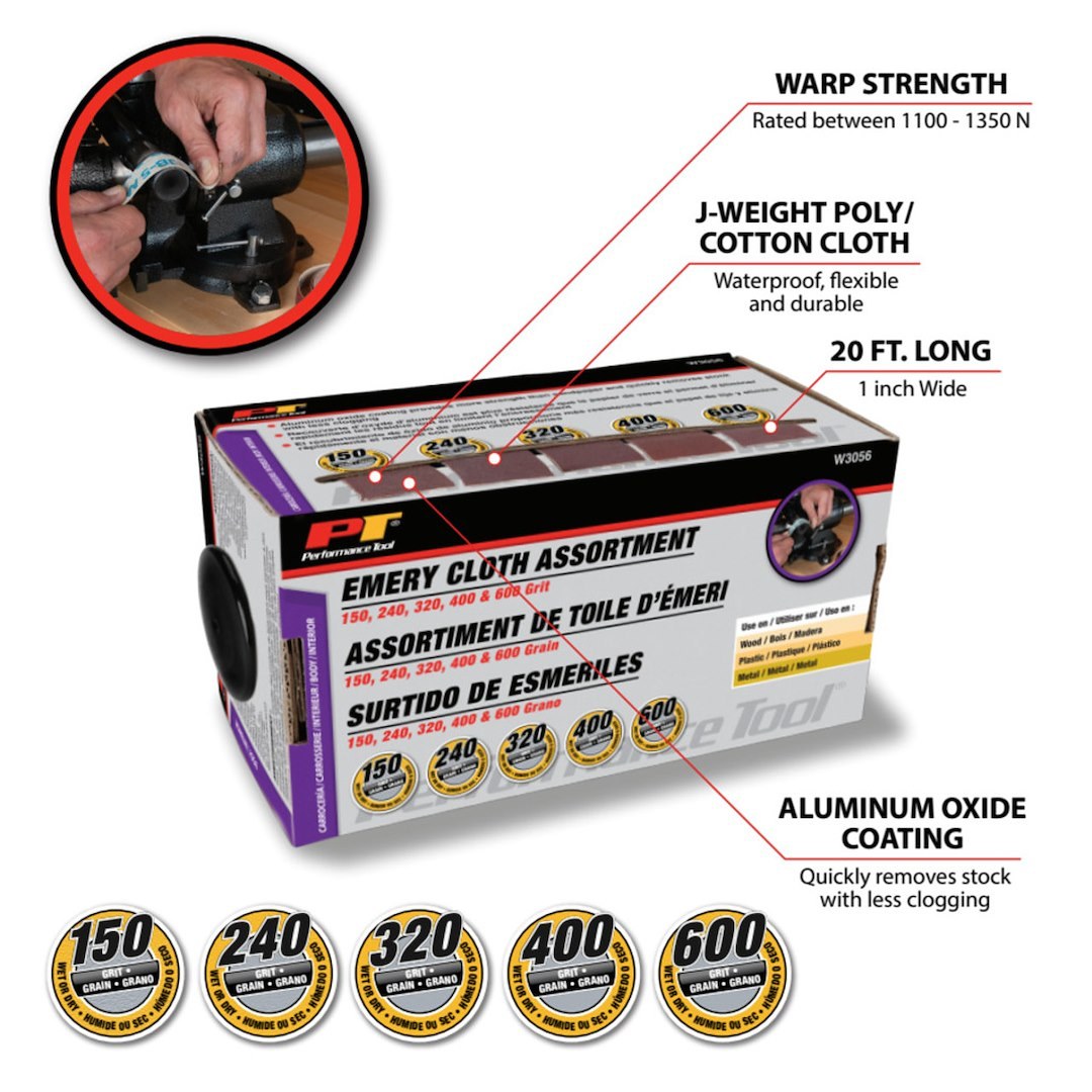 Performance Tool Emery Cloth, Use to Remove Stock with Less Clogging on Wood/ Plastic/ Leather/ Metal, J Weight Cloth Backing – W3056