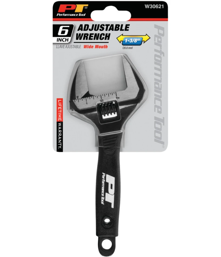 Performance Tool Adjustable Wrench, 6-1/2 Inch Length, 1-3/8 Inch Jaw Opening, Phosphate Black/ Polished Heads, Chrome Vanadium Steel – W30621