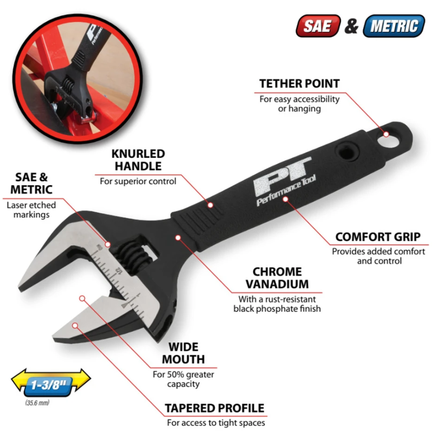 Performance Tool Adjustable Wrench, 6-1/2 Inch Length, 1-3/8 Inch Jaw Opening, Phosphate Black/ Polished Heads, Chrome Vanadium Steel – W30621
