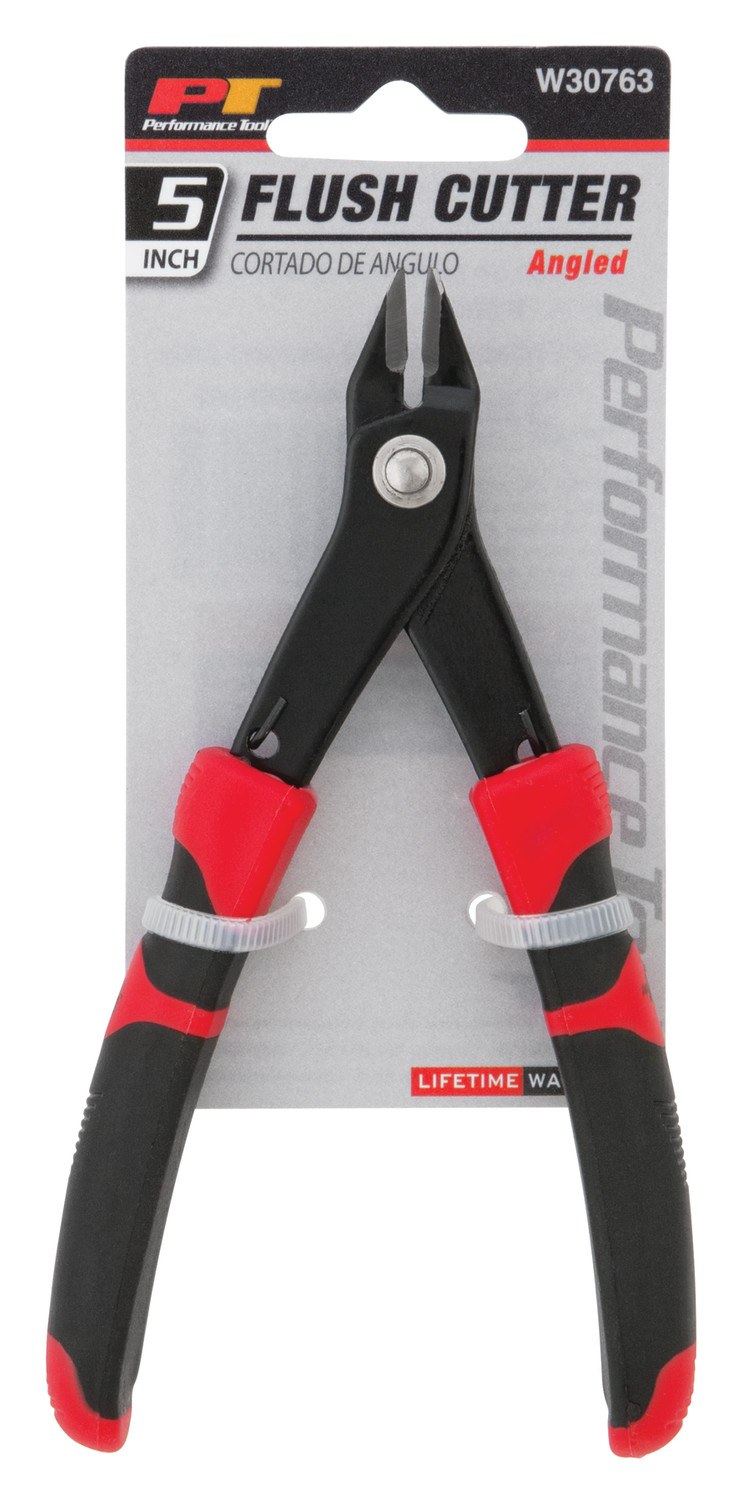 Performance Tool Pliers, 30 Degree Angled Flush Cutter, 5 Inch Length, Heat Treated Steel Jaw, Ergonomic Grip Handle – W30763
