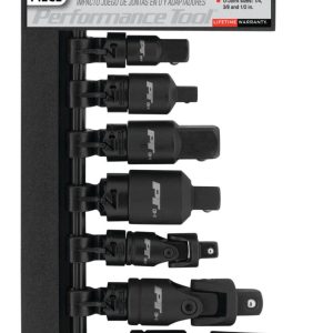 Performance Tool Universal Joint Socket, 1/4 Inch/ 3/8 Inch/ 1/2 Inch Drive, Black, Chrome Vanadium Steel, Set of 7 – W30937