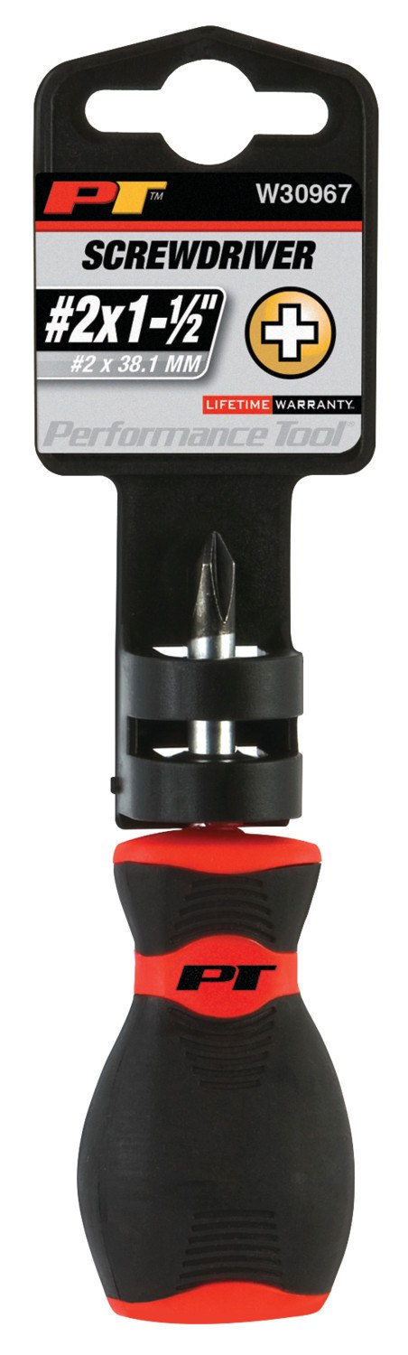 Performance Tool Screwdriver, Stubby, #2, 1-1/2 Inch Length, Chrome Vanadium Steel, With Magnetic Tip – W30967