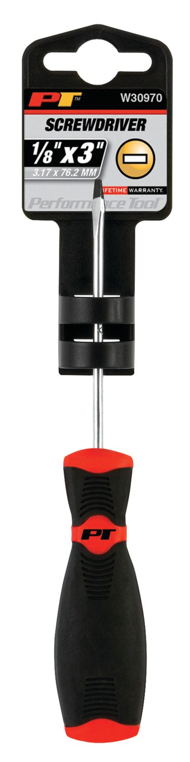 Performance Tool Screwdriver, Slotted, 1/8 Inch, 3 Inch Length, Chrome Vanadium Steel, With Magnetic Tip – W30970
