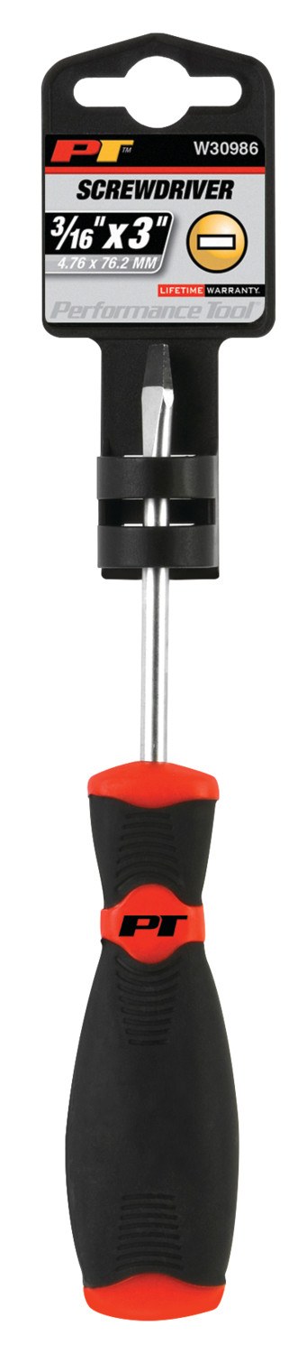 Performance Tool Screwdriver, Slotted, 3/16 Inch, 3 Inch Length, Chrome Vanadium Steel, With Magnetic Tip – W30986