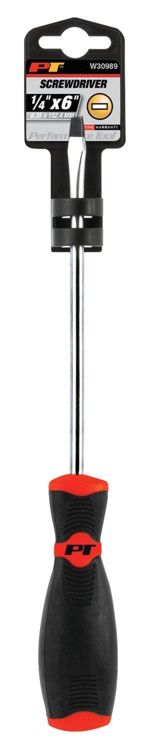 Performance Tool Screwdriver, Slotted, 1/4 Inch, 6 Inch Length, Chrome Vanadium Steel, With Magnetic Tip – W30989