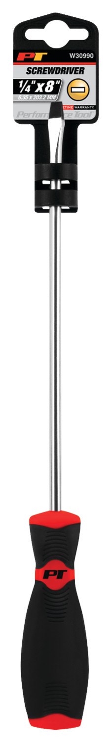 Performance Tool Screwdriver, Slotted, 1/4 Inch, 8 Inch Length, Chrome Vanadium Steel, With Magnetic Tip – W30990