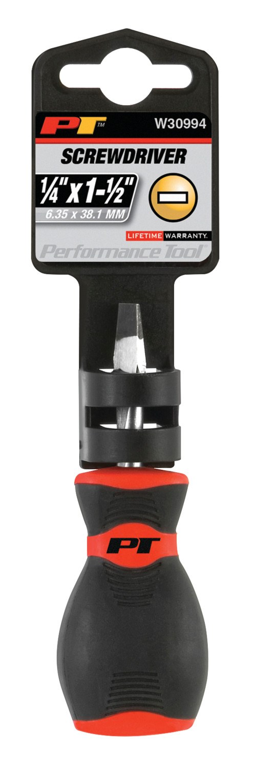 Performance Tool Screwdriver, Stubby, 1/4 Inch, 1-1/2 Inch Length, Chrome Vanadium Steel, With Magnetic Tip – W30994