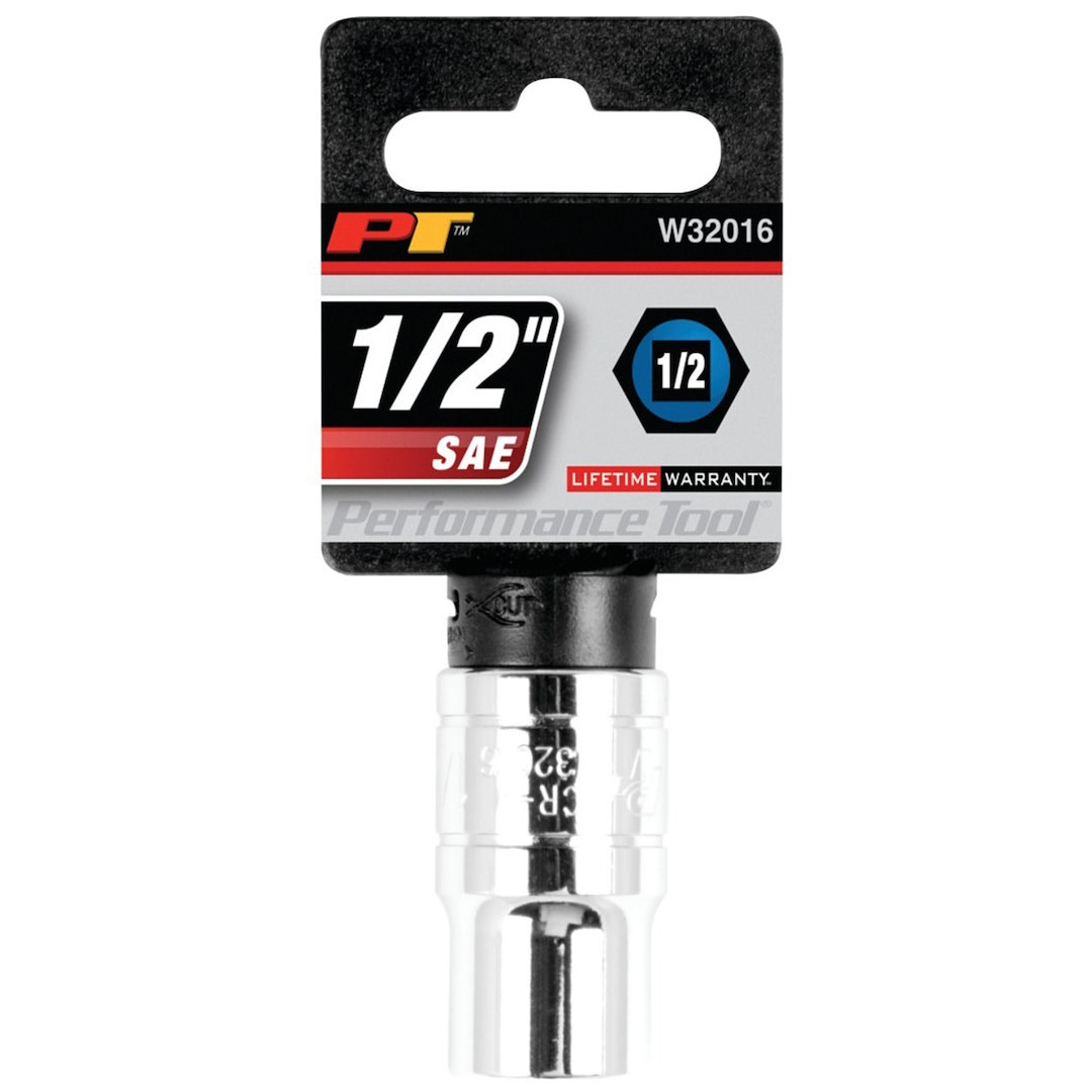 Performance Tool Socket, 1/2 Inch Drive, Standard, 6 Point, Polished Nickel Chrome Plated, Vanadium Alloy Steel, Single – W32016