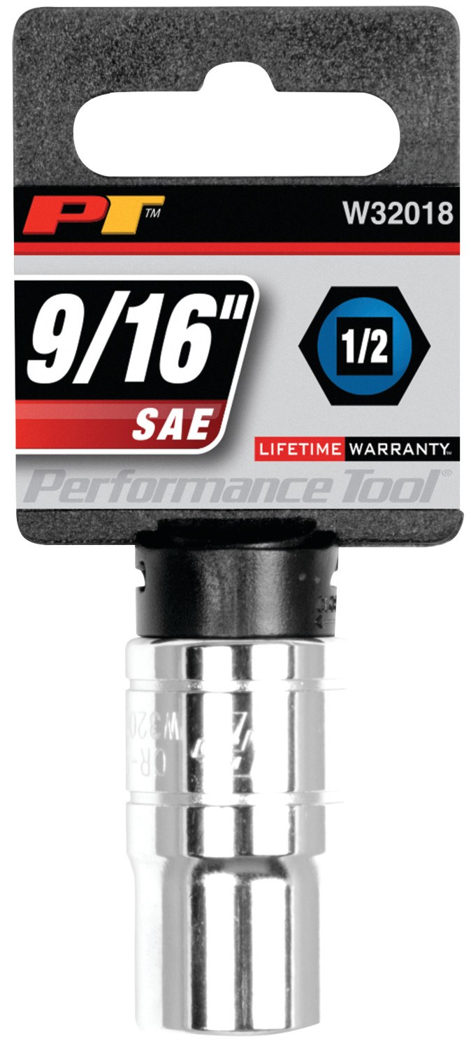 Performance Tool Socket, 1/2 Inch Drive, 9/16 Inch, Standard, 6 Point, Polished Nickel Chrome Plated, Vanadium Alloy Steel, Single – W32018