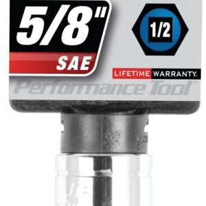Performance Tool Socket, 1/2 Inch Drive, 5/8 Inch, Standard, 6 Point, Polished Nickel Chrome Plated, Vanadium Alloy Steel, Single – W32020