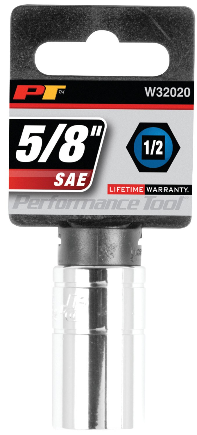 Performance Tool Socket, 1/2 Inch Drive, 5/8 Inch, Standard, 6 Point, Polished Nickel Chrome Plated, Vanadium Alloy Steel, Single – W32020