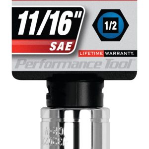 Performance Tool Socket, 1/2 Inch Drive, 11/16 Inch, Standard, 6 Point, Polished Nickel Chrome Plated, Vanadium Alloy Steel, Single – W32022