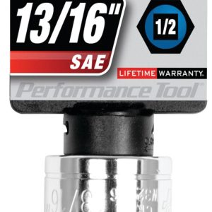 Performance Tool Socket, 1/2 Inch Drive, 13/16 Inch, Standard, 6 Point, Polished Nickel Chrome Plated, Vanadium Alloy Steel, Single – W32026