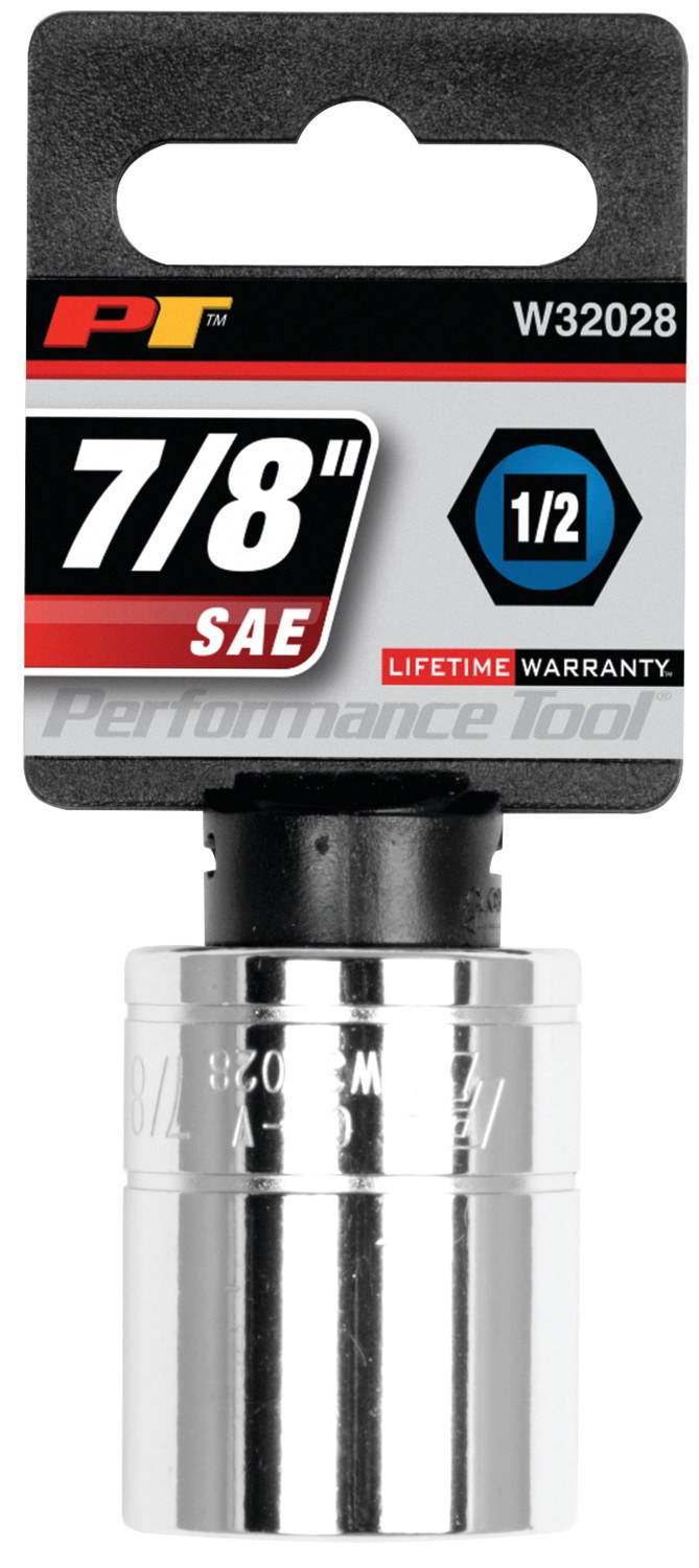 Performance Tool Socket, 1/2 Inch Drive, 7/8 Inch, Standard, 6 Point, Polished Nickel Chrome Plated, Vanadium Alloy Steel, Single – W32028