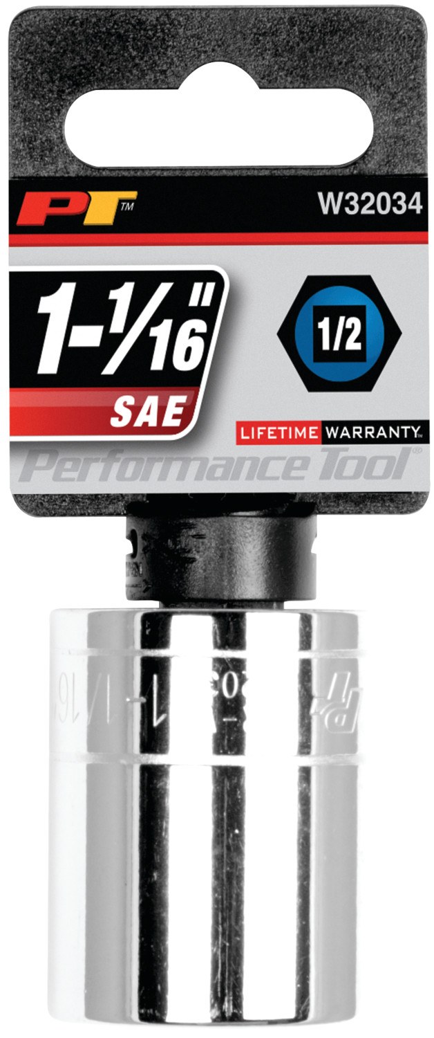 Performance Tool Socket, 1/2 Inch Drive, 1-1/16 Inch, Standard, 6 Point, Polished Nickel Chrome Plated, Vanadium Alloy Steel, Single – W32034