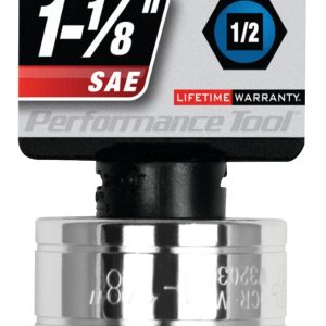 Performance Tool Socket, 1/2 Inch Drive, 1-1/8 Inch, Standard, 6 Point, Polished Nickel Chrome Plated, Vanadium Alloy Steel, Single – W32036