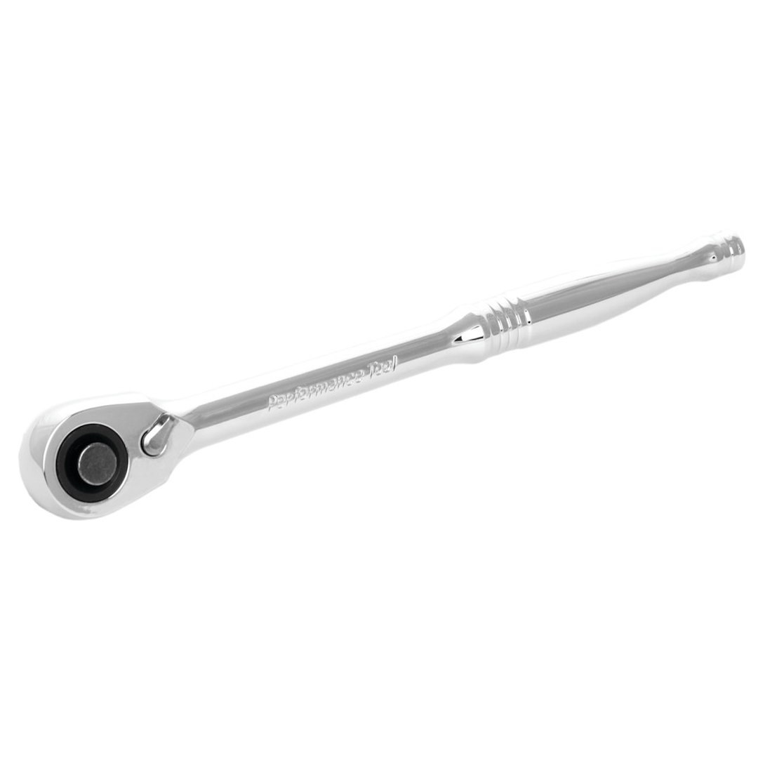 Performance Tool Ratchet, 1/2 Inch Drive X 9-1/2 Inch Length, Quick Release Teardrop Head, 72 Teeth, Polished Nickel Chrome Plated – W32101
