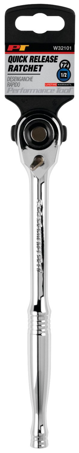 Performance Tool Ratchet, 1/2 Inch Drive X 9-1/2 Inch Length, Quick Release Teardrop Head, 72 Teeth, Polished Nickel Chrome Plated – W32101