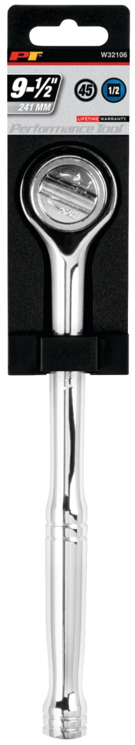 Performance Tool Ratchet, 1/2 Inch Drive X 9-1/2 Inch Length, Round Head, 45 Teeth, Polished Nickel Chrome Plated – W32106