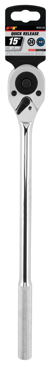 Performance Tool Ratchet, 1/2 Inch Drive X 15 Inch Length, Quick Release Long Handle, 24 Teeth, Polished Nickel Chrome Plated – W32122