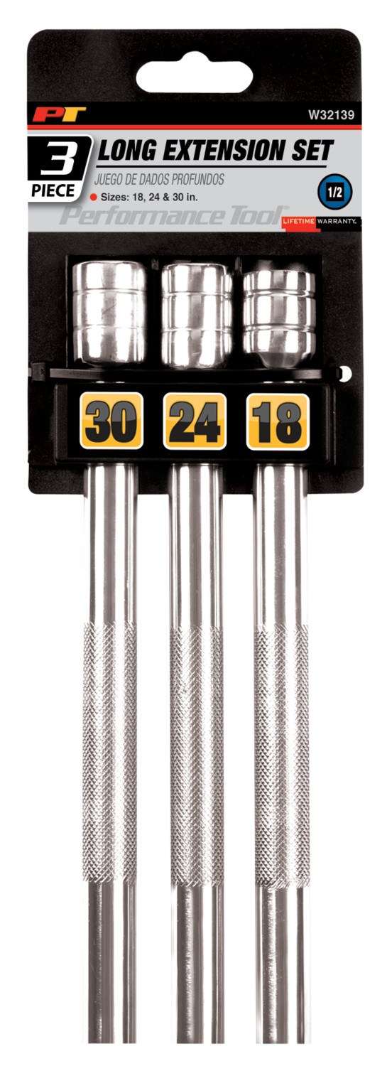Performance Tool Socket Extension, 1/2 Inch Drive, 18 Inch/ 24 Inch/ 30 Inch Length, Chrome Plated, Vanadium Steel, Set of 3 – W32139