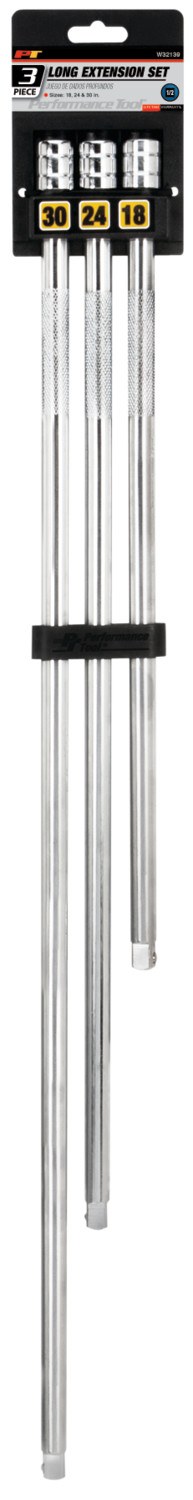 Performance Tool Socket Extension, 1/2 Inch Drive, 18 Inch/ 24 Inch/ 30 Inch Length, Chrome Plated, Vanadium Steel, Set of 3 – W32139