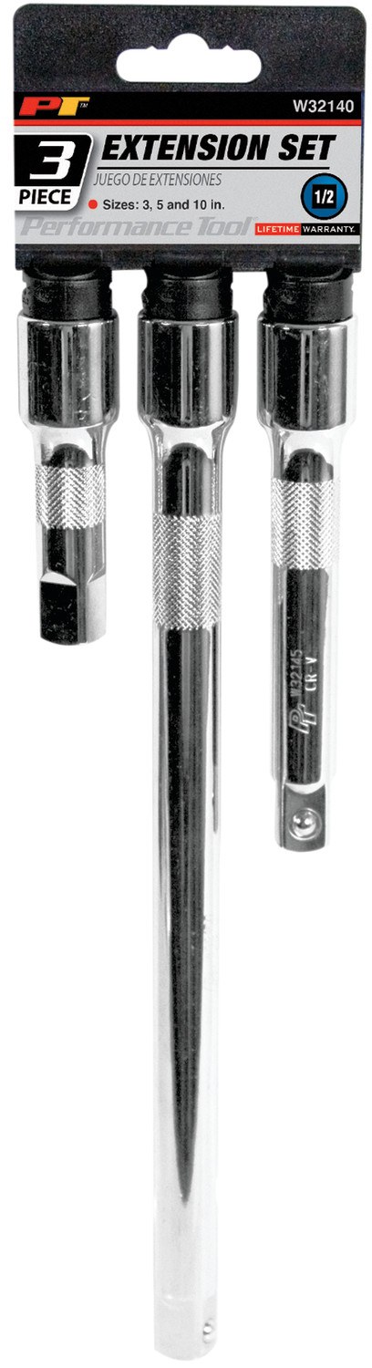 Performance Tool Socket Extension, 1/2 Inch Drive, 3 Inch/ 5 Inch/ 10 Inch Length, Polished Nickel Chrome Plated, Chrome Vanadium Alloy Steel – W32140