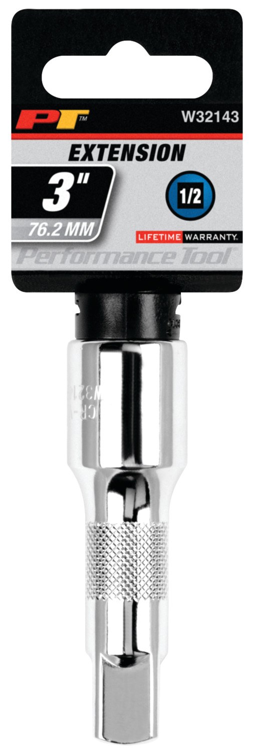 Performance Tool Socket Extension, 1/2 Inch Drive, 3 Inch Length, Polished Nickel Chrome Plated, Chrome Vanadium Alloy Steel, Single – W32143