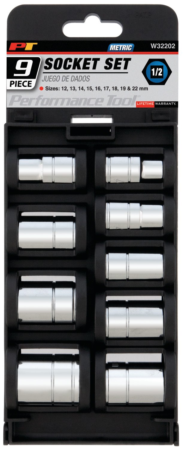 Performance Tool Socket Set, 1/2 Inch Drive, Metric, 6 Point, Chrome Vanadium Steel – W32202