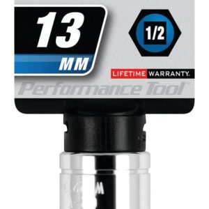 Performance Tool Socket, 1/2 Inch Drive, 13 Millimeter, Metric, 6 Point, Polished Nickel Chrome Plated, Vanadium Alloy Steel, Single – W32213